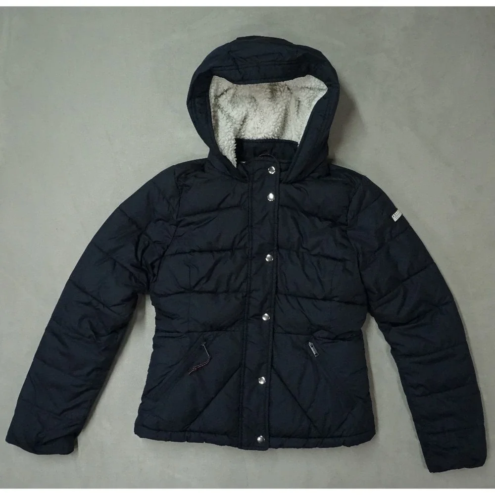 Vintage Y2K Hollister Sherpa Hooded‎ Jacket Womens Medium Blue Lined Snap Puffer
